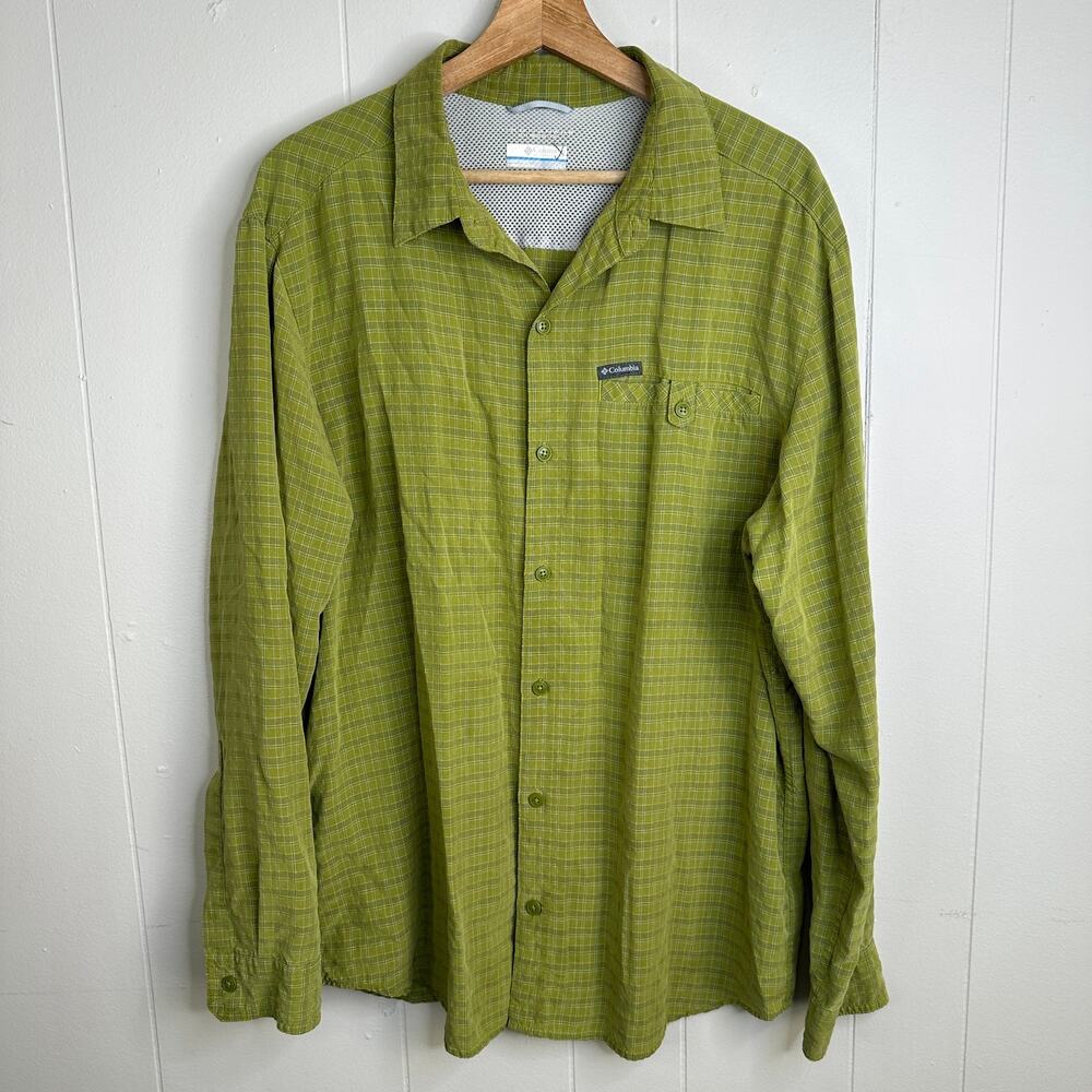 Columbia Declination Trail Mens L Green Check Shirt Omni-Shade UPF Vented Hiking